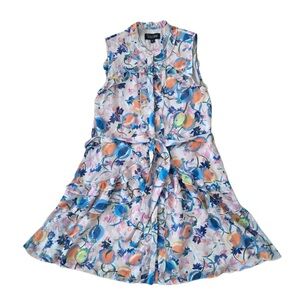 SALONI Multicolor Floral Citrus Ruffled Sleeveless Shirt Dress Matching Belt Tie